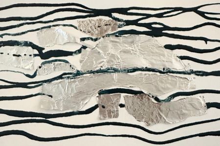 Abstract art with pale background and painted shapes of similar colour rising from the page, intertwined with dark lines, representing where awareness begins