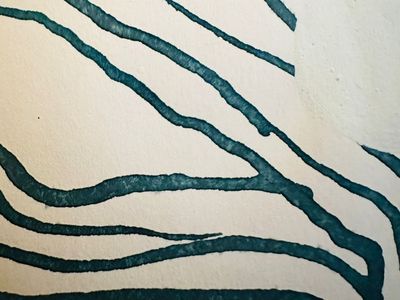 Deep green lines on a beige background with a circle in the corner and lines coming from that, representing the sun